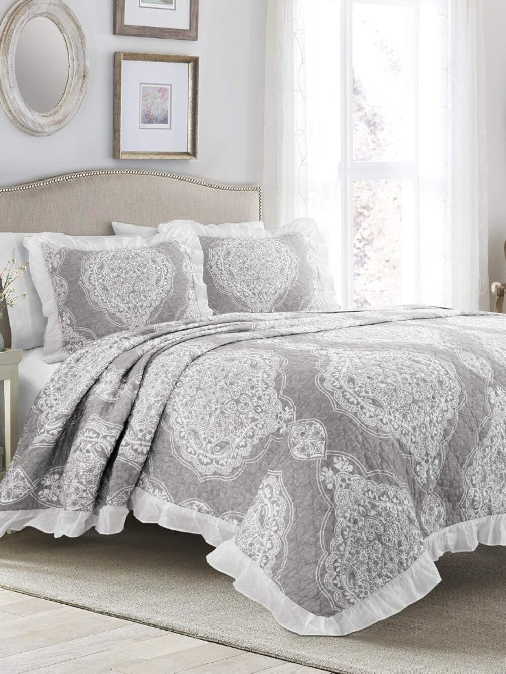 Lucianna Ruffle Edge Cotton 3 Piece Bedspread Set, King, Gray